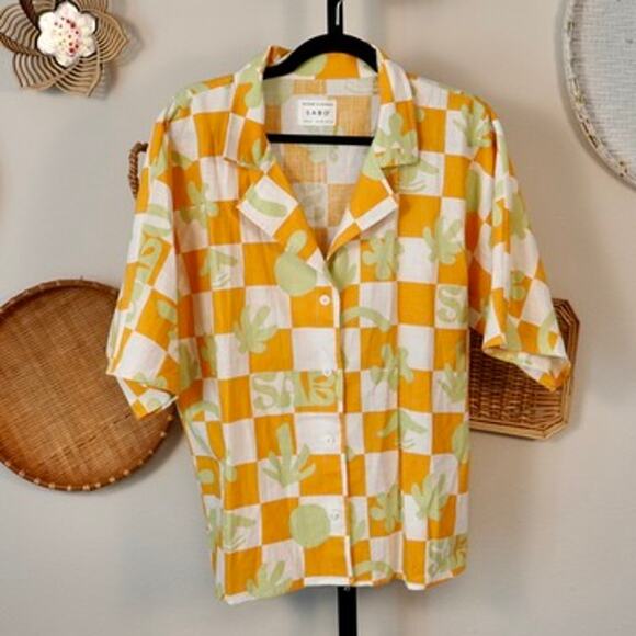 Sabo Short Sleeve Button Up Checkboard Seona Top Yellow Womens Size 4 - Picture 2 of 6